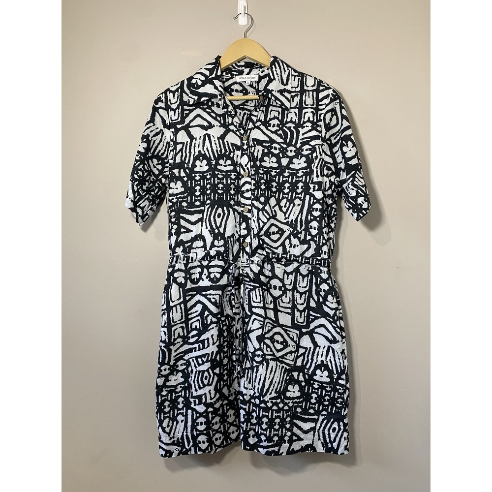 Willa Story Collared Dress Sz LARGE Black Fully Lined Drawstring Waist Button